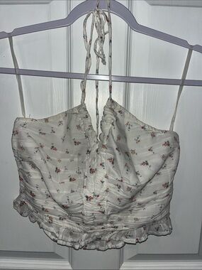 American Eagle Outfitters White Floral Halter Ruched Crop Top